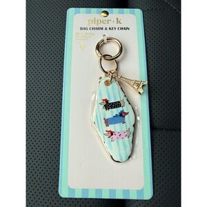 Piper K Dachshund Dog Paris Eiffel Tower Bag Charm & Key Chain Gold Tone NWT